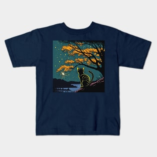 Tabby Cat Watching Fireworks over a Lake Kids T-Shirt